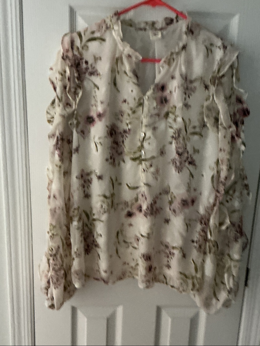 Floral Ruffle Sleeve Blouse - Cream with Pink & Green Print